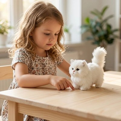 Peluche chat blanc sur la table avec jeune fille