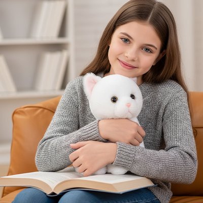 Peluche chat blanc dans les bras d'une jeune fille