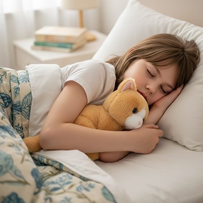 Peluche chat orange avec jeune fille qui dort