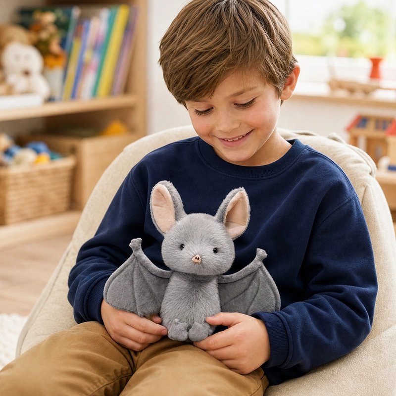 Peluche chauve-souris avec jeune garçon assis