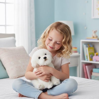 Peluche chien adorable avec jeune fille sur le lit