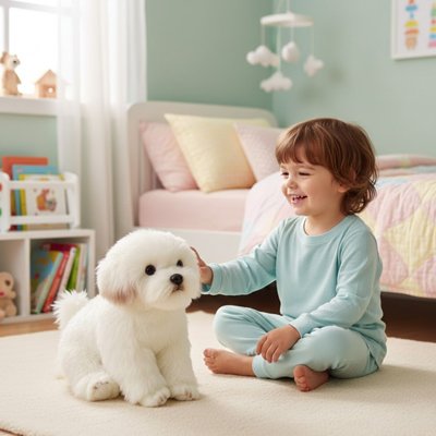 Peluche chien avec un garçon qui le flatte