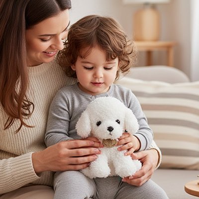 Peluche Chien blanc sur les jambes d'un garçon avec sa maman