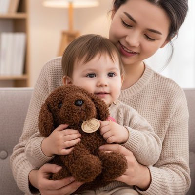 Peluche Chien brun dans les mains d'un enfant avec maman