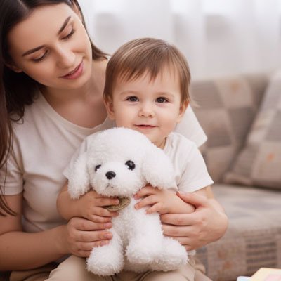 Peluche Chien blanc avec un enfant et sa maman