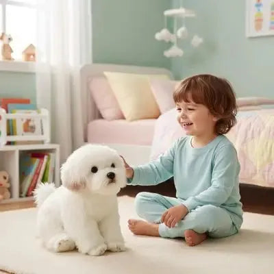 Peluche chien réaliste en situation de jeu