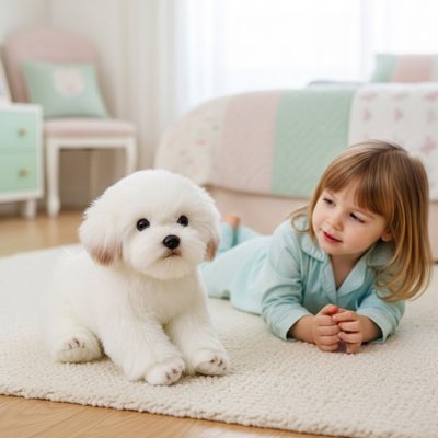 Peluche chien sur le tapis avec une petite fille