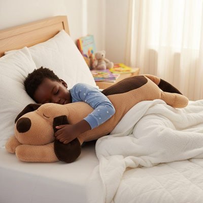 Peluche Chien brun avec enfant qui dort dans le lit