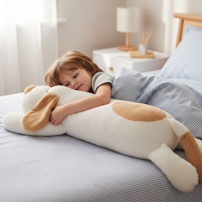 Peluche Chien blanc avec garçon prêt pour la sieste