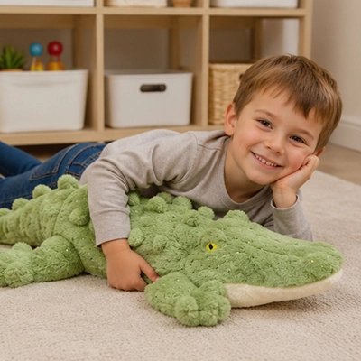 Peluche crocodile avec garçon qui est fier