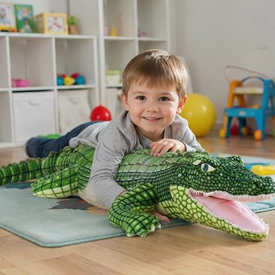 Peluche crocodile enlacé autour des bras d'un garçon