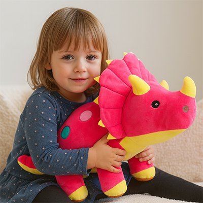 Peluche dinosaure rouge dans les bras d'une jeune fille