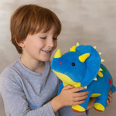 Peluche dinosaure bleu dans les mains d'un garçon
