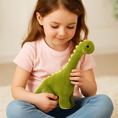 Peluche dinosaure vert dans les mains d'une petite fille