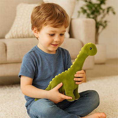 Peluche dinosaure vert sur les genoux d'un garçon