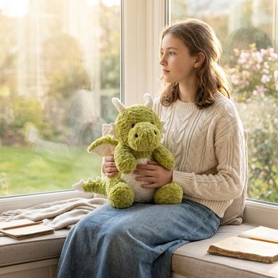 Peluche dragon vert sur les genoux d'une fille