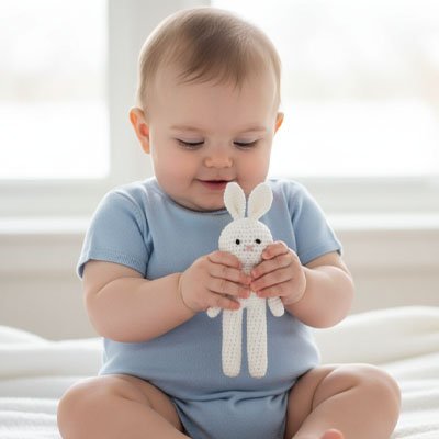 peluche en crochet bébé assis avec lapin | Alan Eveil™