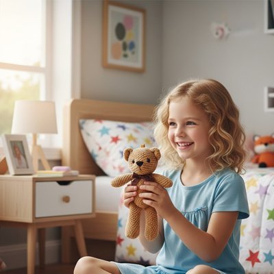 Peluche en crochet kaki dans les mains d'une fille | Alan Eveil™