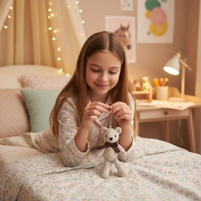 Peluche en crochet beige avec jeune fille sur le lit