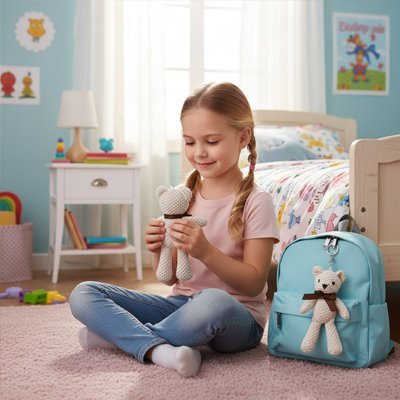 Deux Peluche en crochet blanc avec une jeune fille assis