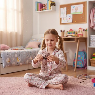 Peluche en crochet rose avec fillette assis au sol