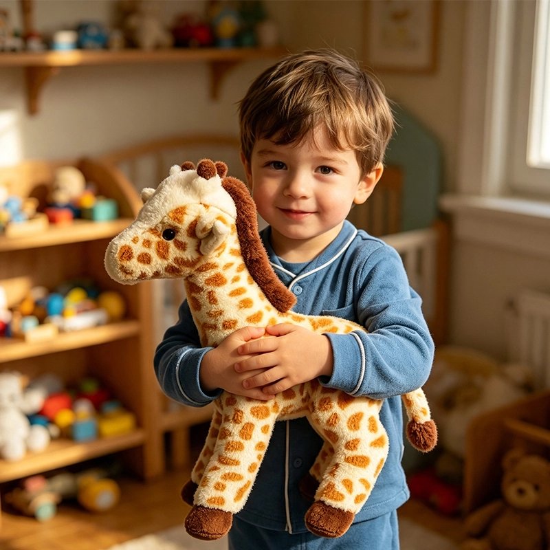 Peluche girafe dans les mains d'un petit garçon