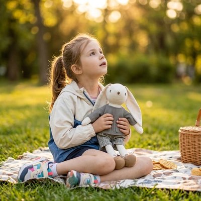 Peluche lapin avec jeune fille au parc