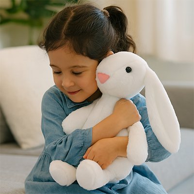 Peluche lapin blanc dans les bras d'une jeune fille