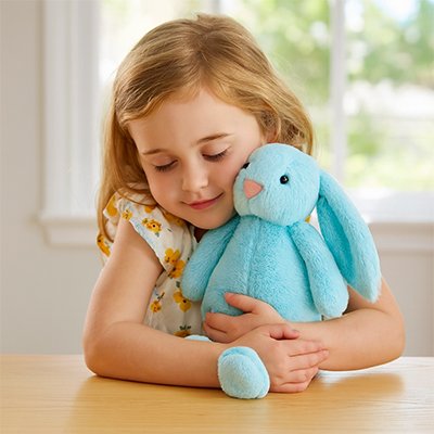 Peluche lapin bleu dans les bras d'une jeune fille