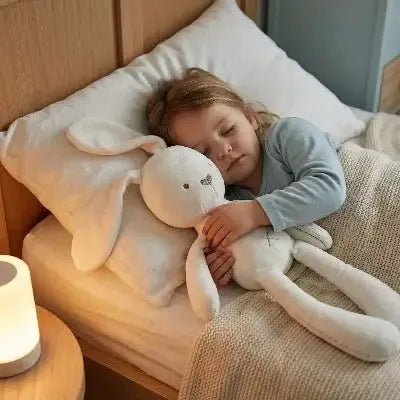 Enfant endormi avec jouet lapin en peluche blanche