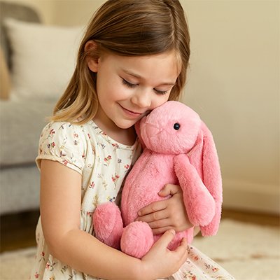 Peluche lapin rose dans les bras d'une jeune fille