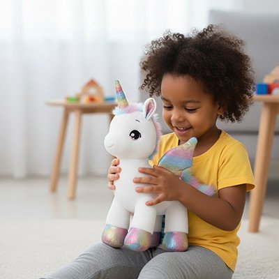 Peluche licorne blanc dans les mains d'une jeune fille