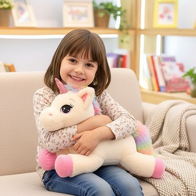 Peluche licorne rose avec fillette sur le canapé | Alan Eveil™
