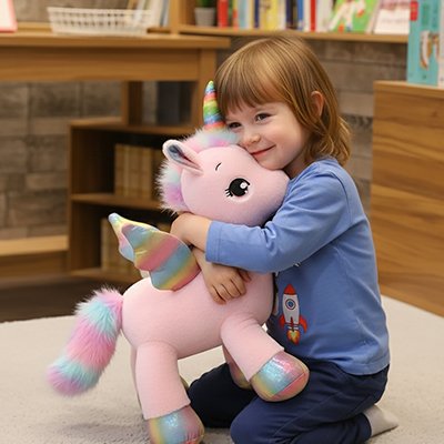 Peluche licorne rose câliné par un enfant