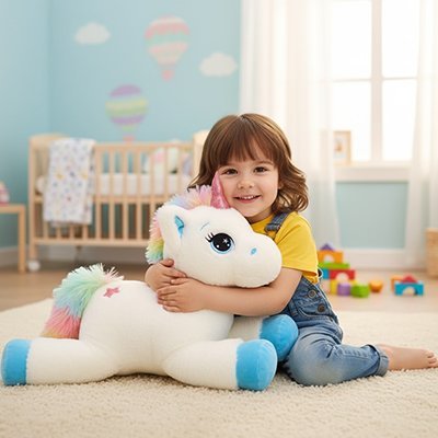 Peluche licorne bleu avec enfant sur le sol