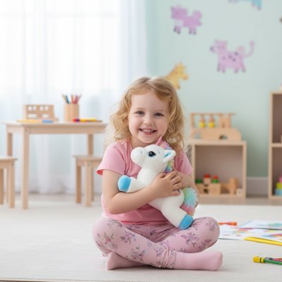 Peluche licorne bleu avec jeune fille assis