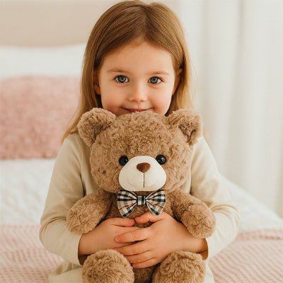 peluche ours beige dans les main d'une fillette