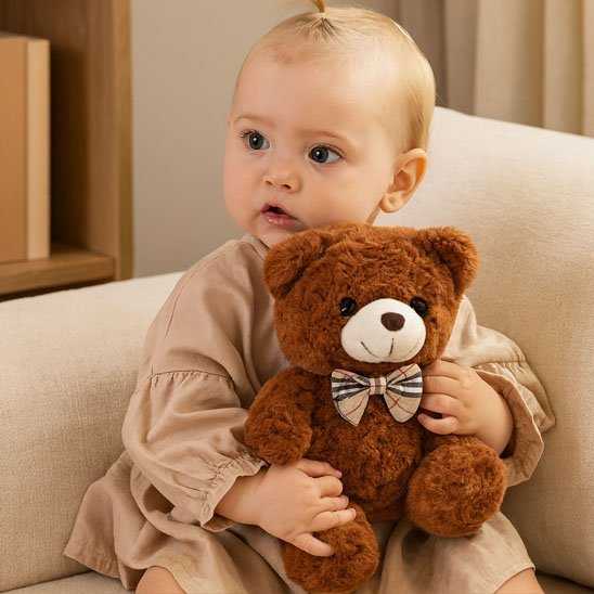 peluche ours brun avec bébé garçon
