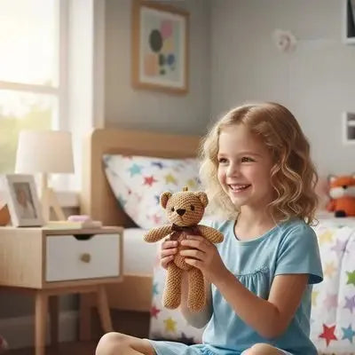 Peluche ours douce, Peluche en crochet kaki dans les mains d'une fille
