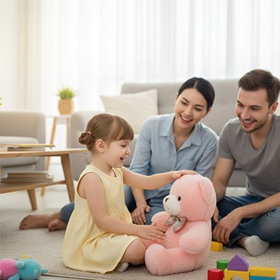 Peluche ours rose ave jeune fille et ses parents