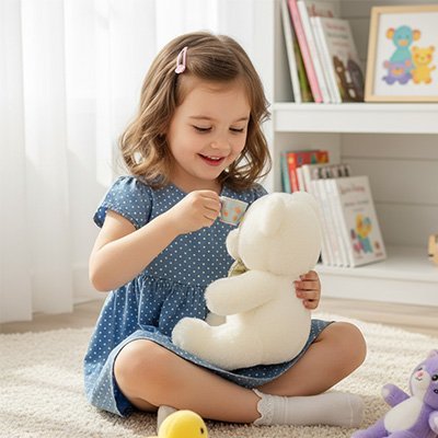 Peluche ours blanc avec fillette qui donne le thé