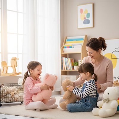 Trois Peluche ours avec soeurs et maman