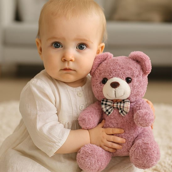 peluche ours rose avec bébé garçon