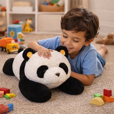 Peluche Panda avec enfant sur le ventre à côté