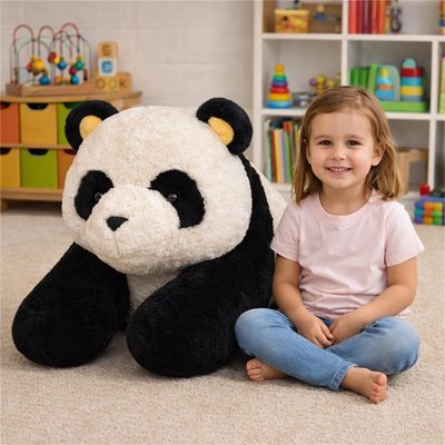 Peluche Panda et une jeune fille assis au sol