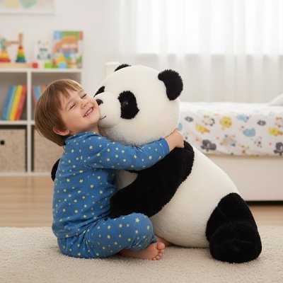 Peluche Panda câliné par un petit garçon