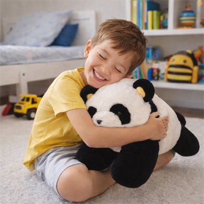 Peluche Panda dans les bras d'un jeune garçon