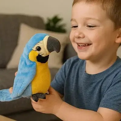 Peluche perroquet réaliste en situation de jeu