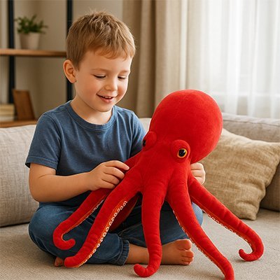Peluche pieuvre avec un jeune garçon assis