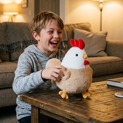Peluche poule​ avec garçon qui rit
